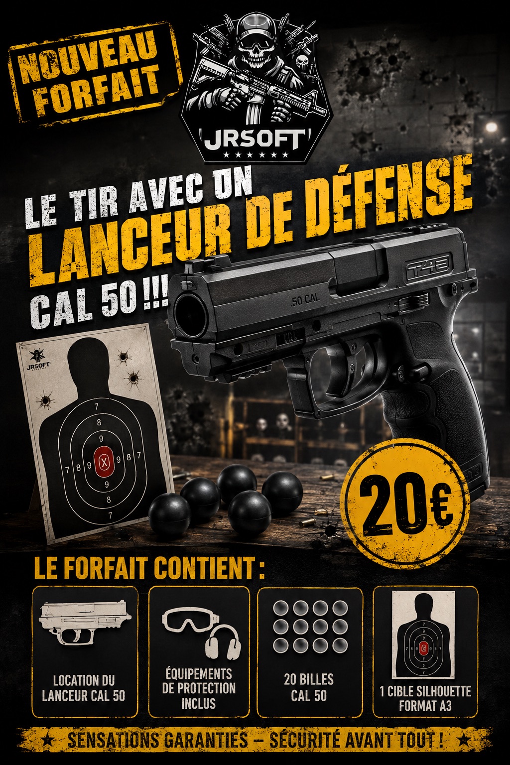 Nouveau forfait lanceur de défense cal 50 à 20 € : location du lanceur, équipements de protection, 20 billes et une cible silhouette A3