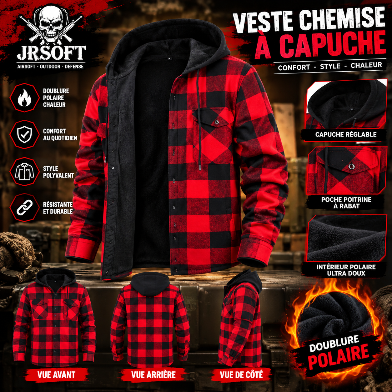 VESTE SWEAT A CAPUCHE NOIR ET CARREAU ROUGE