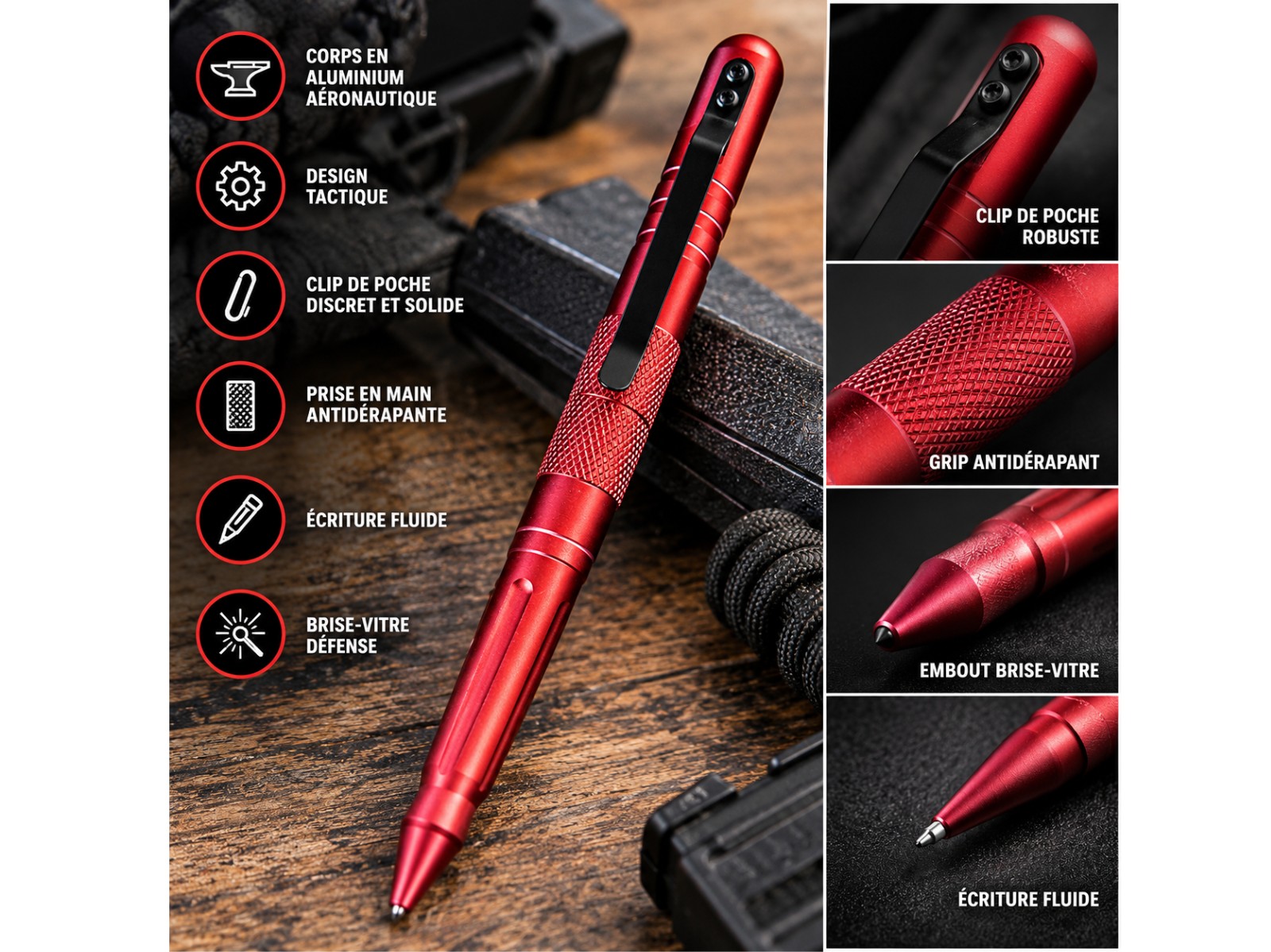 Stylo tactique de défense rouge